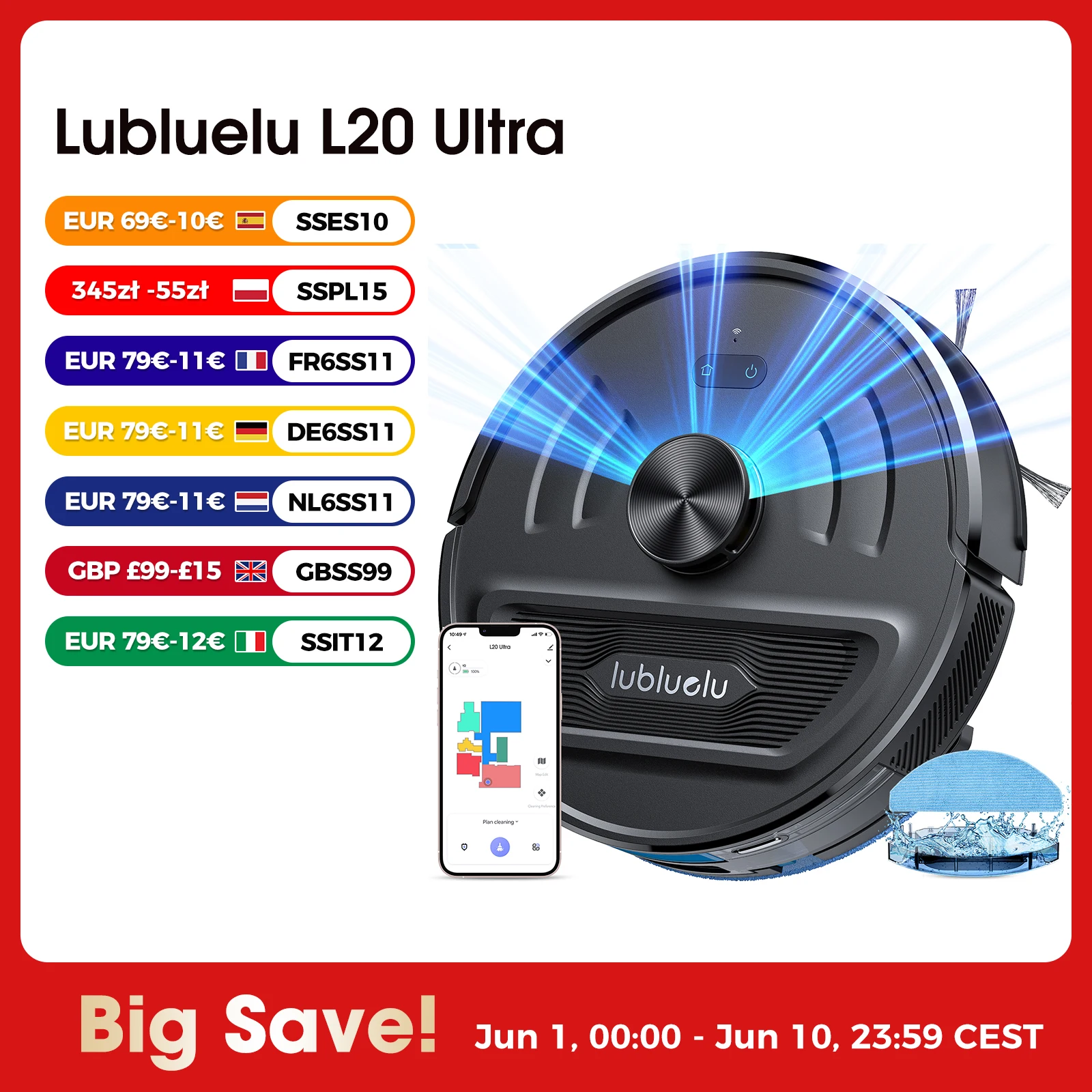 Lubluelu L20Ultra Robot Aspirador y Fregador 3 en 1 con Autovaciado, Succión de 6000Pa, Navegación LiDAR, Bolsa de Polvo Grande, Manos Libres, 120min de Autonomía