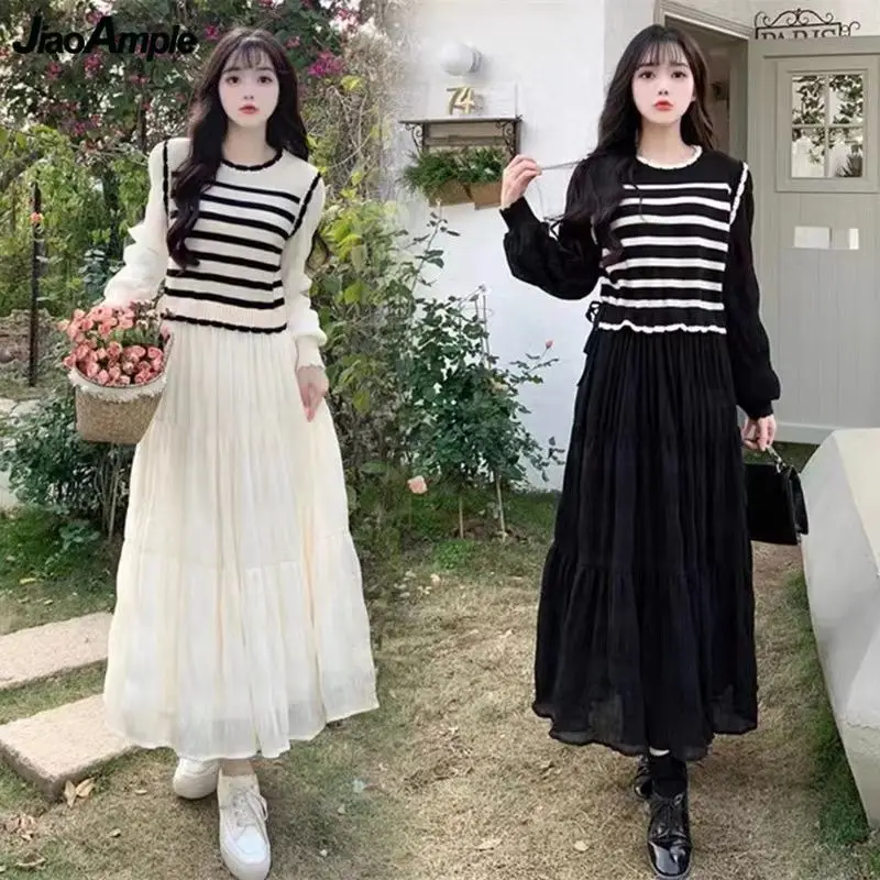 

Women Spring Autumn Graceful Knit Chiffon Patchwork Dress 2023 New Korean Lady Stripe Fake Two Piece Dresses Long Sleeve Robe