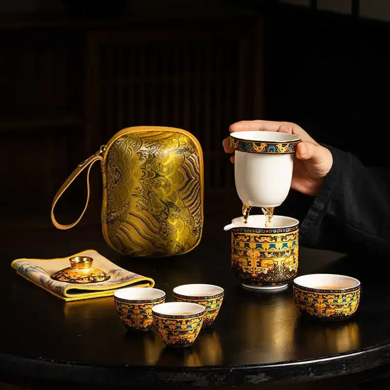 Thangka Travel Tea Set Gift Set Gold Blue Colorful Camping Gift Portable Hover Lid Quick Cup One Pot Two Cups Business Souvenir