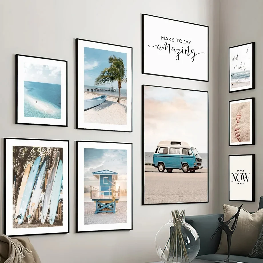 Автомобиль Чайка дом кокосовое дерево пляжное ландшафтное настенное искусство Масляная живопись скандинавский постер печать настенная живопись гостиная украшение для дома