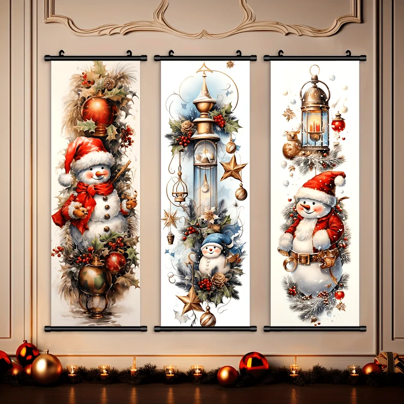 VIKAMA Watercolor Christmas Snowman Wall Scroll Tapestry Cute Snowman Lantern Holly Bauble Hanging Scroll Xmas Winter Decor