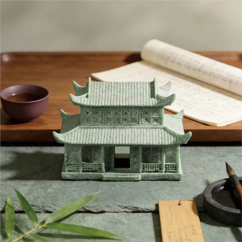 Chinese style Green Sandstone Antique Pavilion Stone Handicrafts Home Living Room Tea Table Decor Stone Crafts Landscape ZI945