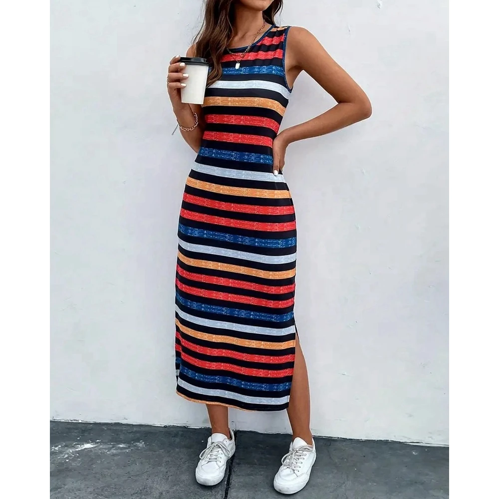 2024 Summer Women Corlorful Striped Print Sleeveless Tank Dresses for Women Casual Straight Maxi Dress Side Split Party Dresses