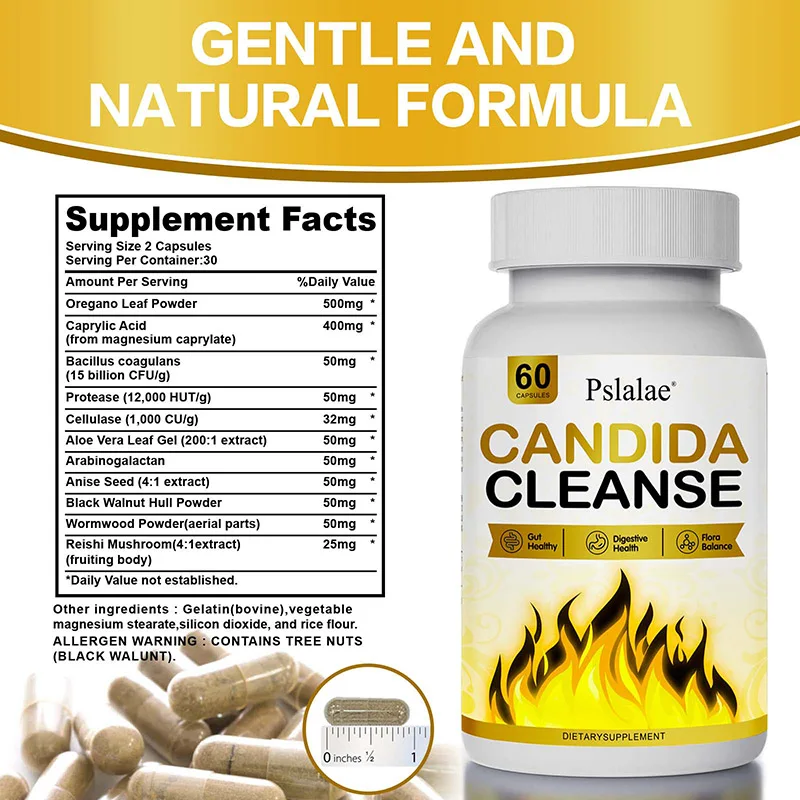 60pcs Candida Cleanse Capsules - Intestinal Health, Relieve Constipation, Bloating and Flatulence, Improve Immunity