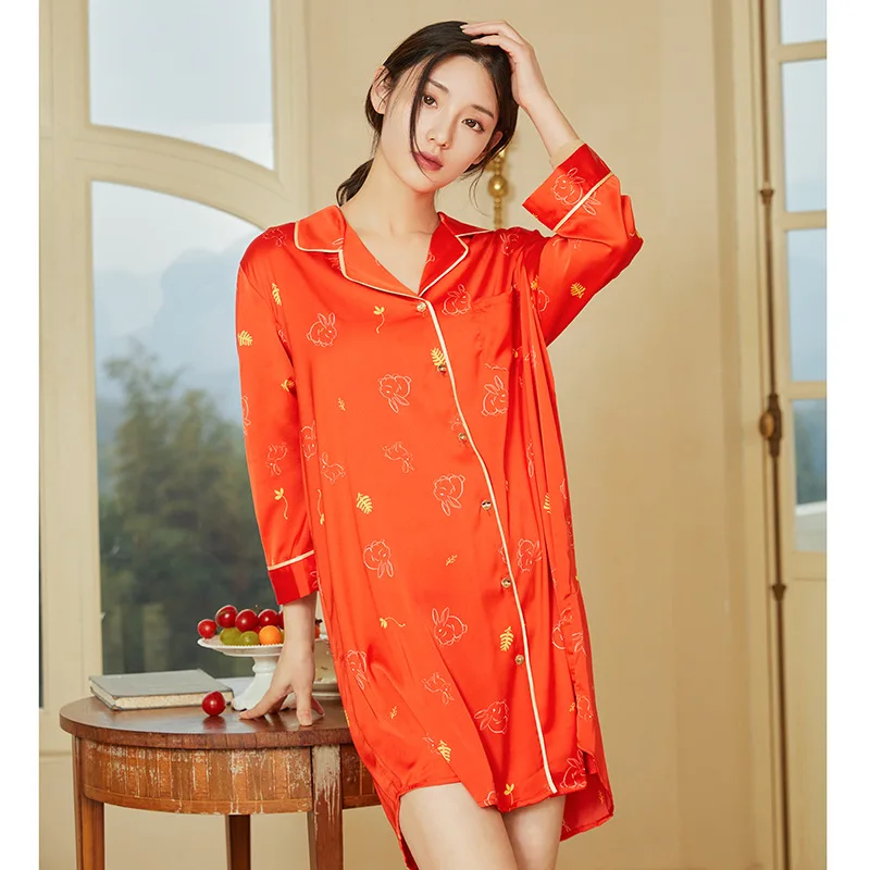 2023 New Nightdress For Women In Spring And Autumn, High-grade Feeling, Ice Silk For Women, Red Bunny Shirt, Lapel Button Style,