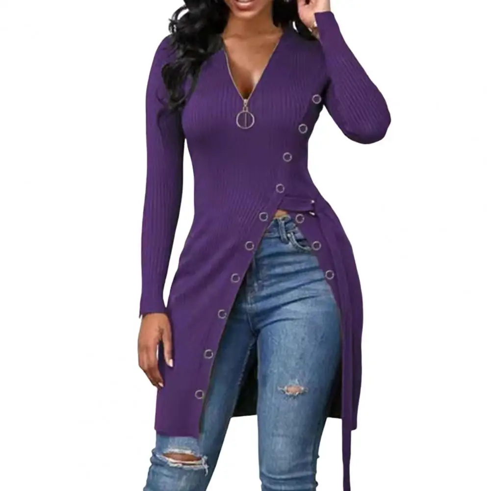 Chic Tunic Blouse Mid-Length Slim Fit Women Blouse Spring Autumn Solid Split Hem Tunic Blouse