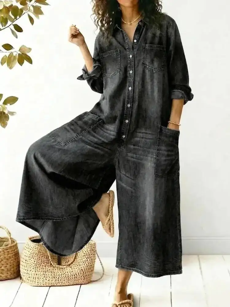 European And American Style Single Breasted Washed Denim Shirt Jumpsuit Women's 2026 Spring New 05E04L4A