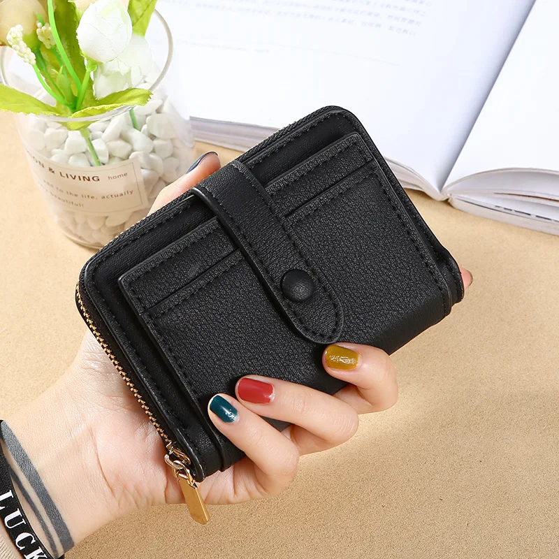 بولي Leather جلد صغير المرأة المحفظة حاملي بطاقات متعددة حقيبة المال سعة كبيرة طوي مخلب موضة غلق بمشبك سستة محفظة للعملة #4