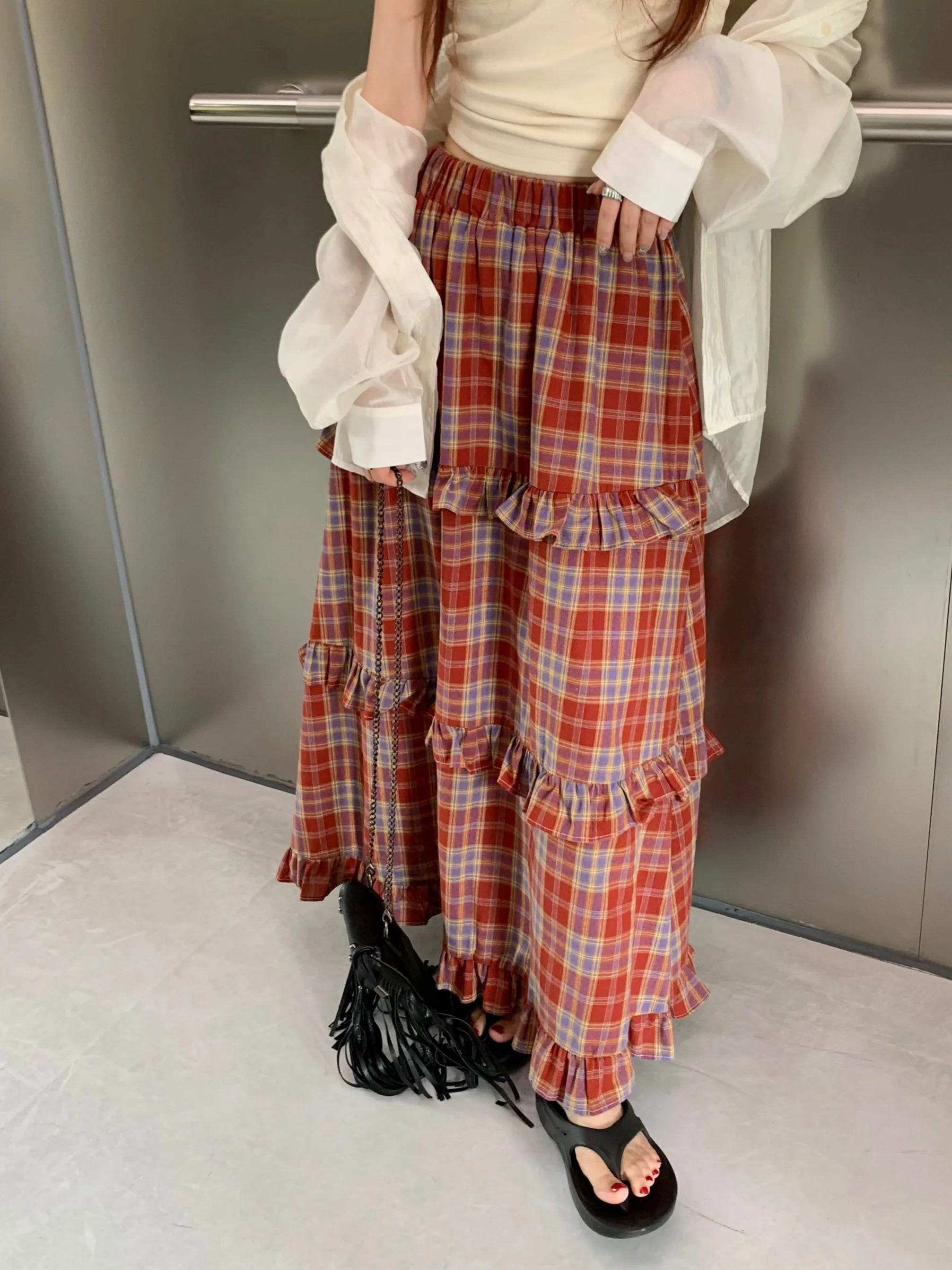 Women\'s Red A-line Plaid Skirt Vintage 90s Aesthetic Y2k Long Skirt Harajuku Elegant Korean Skirt 2000s Fashion Clothes Summer