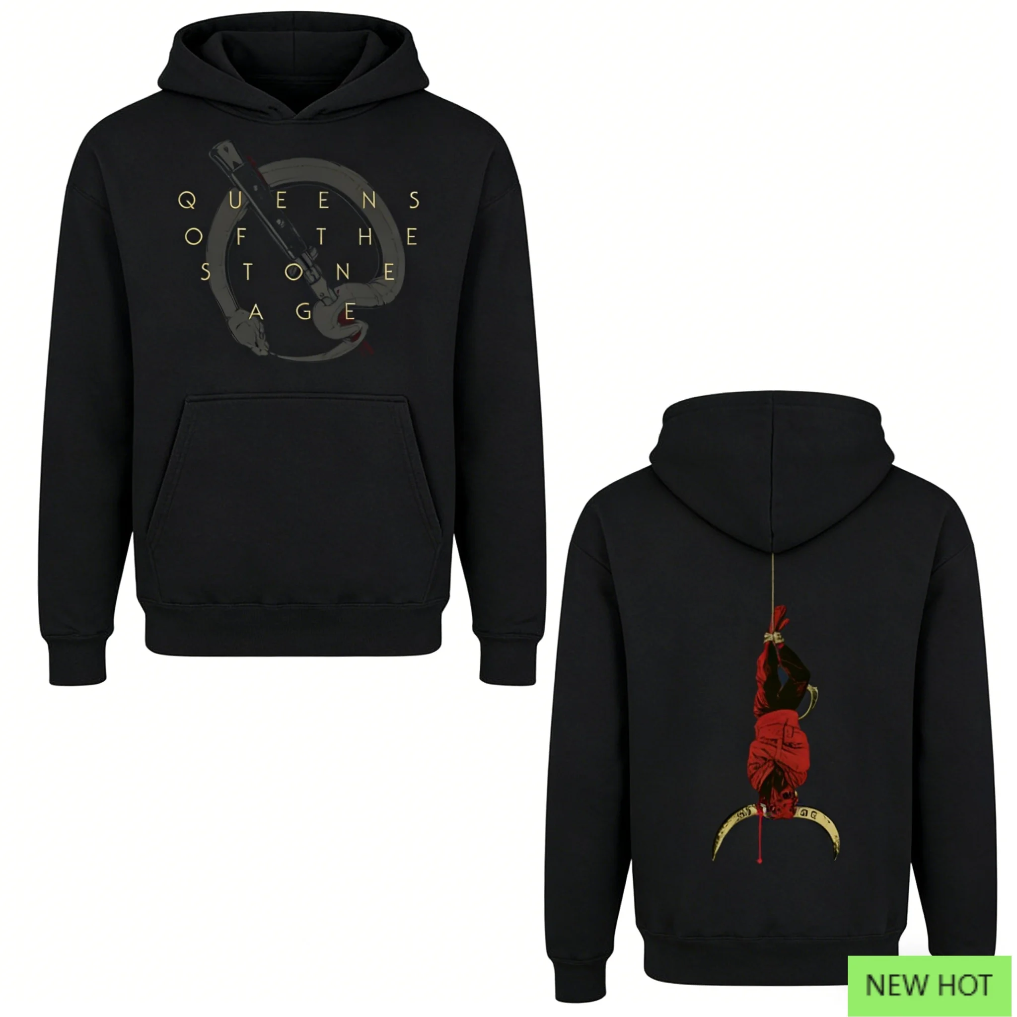 سويت شيرت Queens of The Stone Age بغطاء للرأس برسومات داكنة وطباعة ذهبية سوداء كاجوال للجنسين ملابس خروج لمحبي الروك البديل