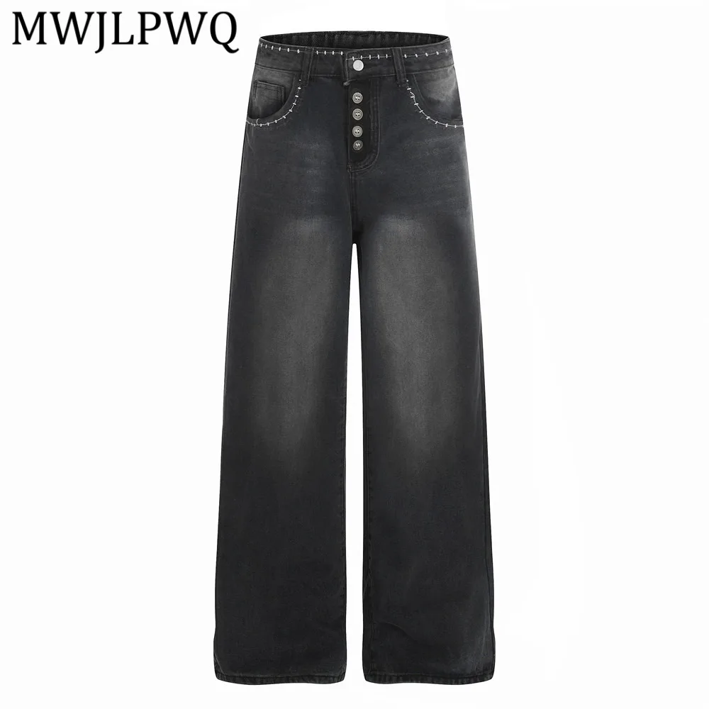 

Мужские джинсы MWJLPWQ в американском стиле с декоративной строчкой, на пуговицах, прямого кроя, с цветовыми блоками, потертые, модные, модель 13720