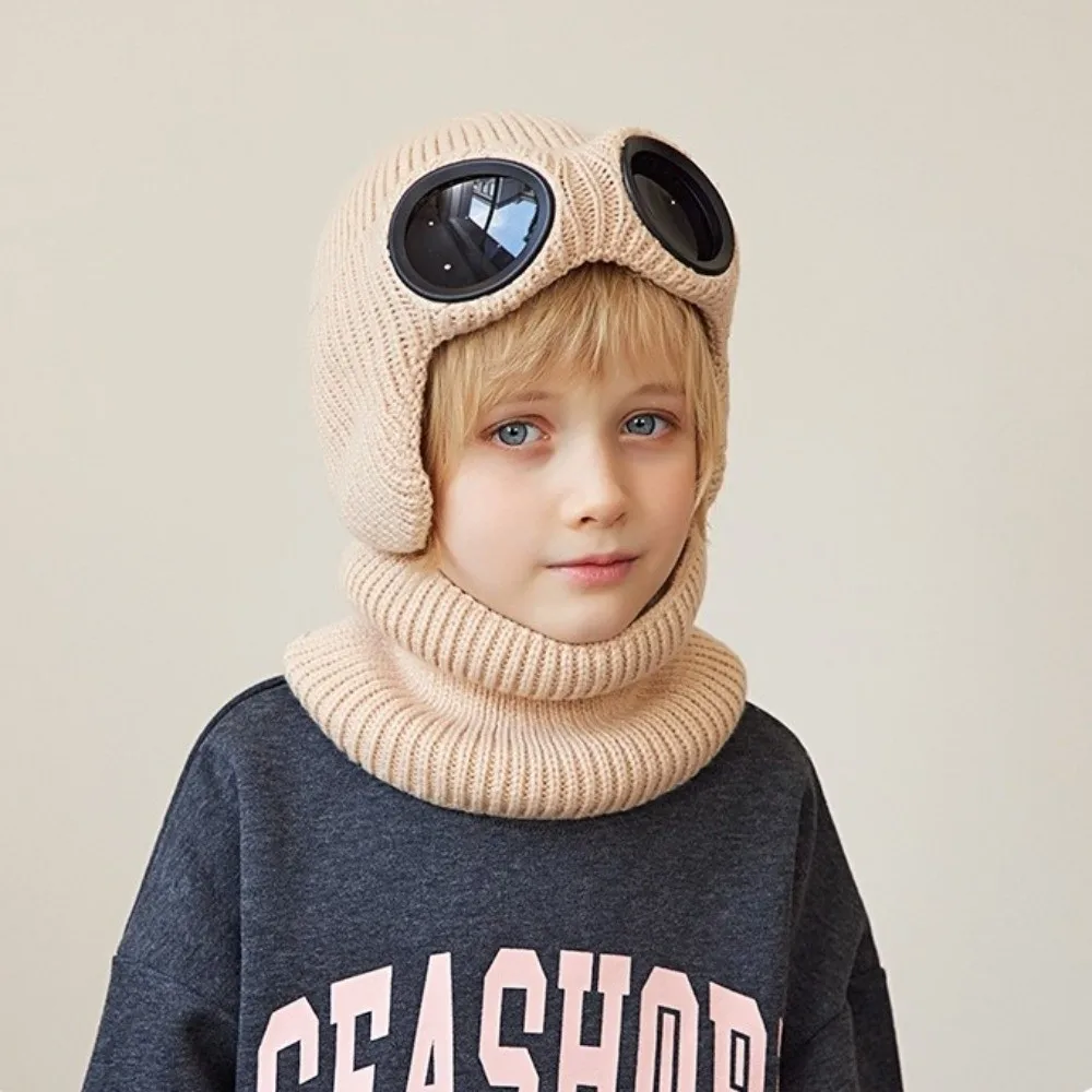 2Pcs/Set Fashion Winter Skiing Hat Scarf Set Warm Lining Children Knitted Beanie Cap Thicken Soft Skiing Bonnet
