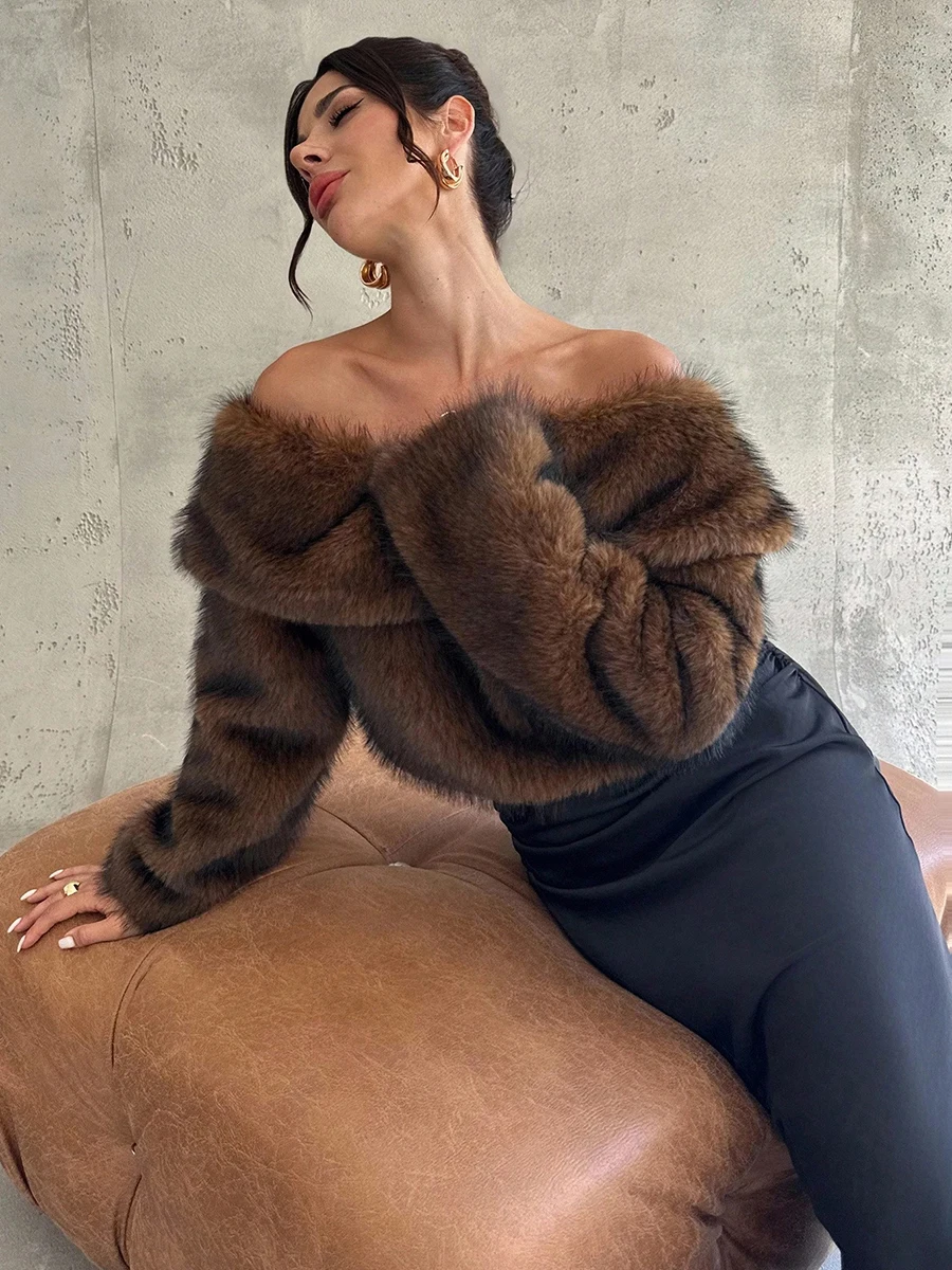 LIMO Off Shoulder Faux Fur Blouse Women Loose Long Sleeve Fluffy Plush Crop Top