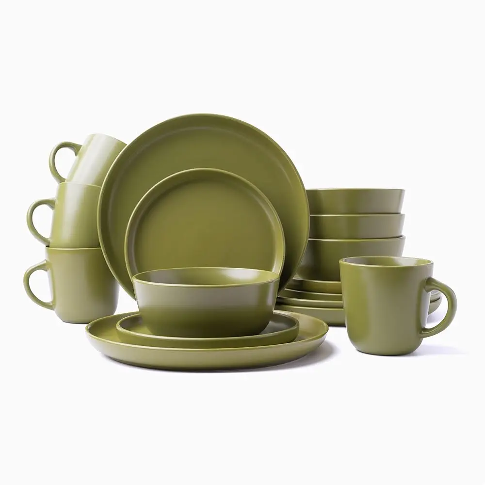

903 Minimalist Collection 16-Piece Contemporary Ceramic Stoneware Dinnerware Sets For 4, Greek Olive, 16-Piece Plates And Bowls