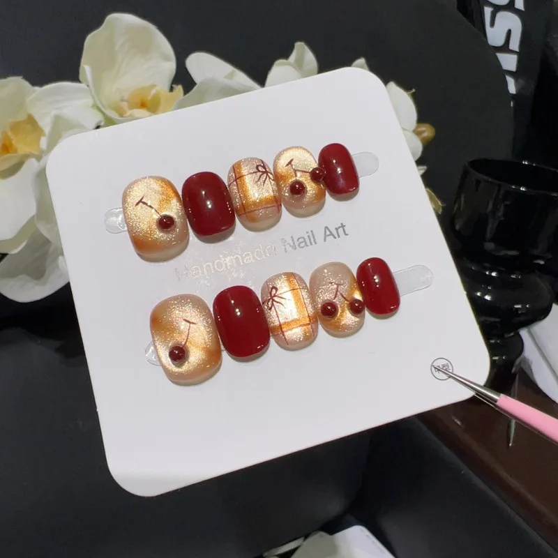 

10pcs Handmade 2025 Nail Tips Red 3D Cherry Sweet Gold Press on Nails Short Artificial False Nails with Charms New Year Gifts
