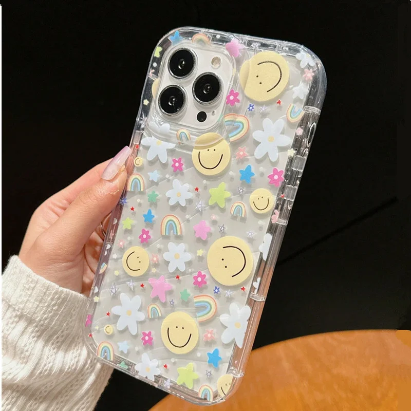 Cartoon Happy Face Graphic Printed Case For iPhone 13 12 11 14 15 Pro Max 7 8 Plus X XR XS Max 16 Soft Airbag Anti-Drop Cover