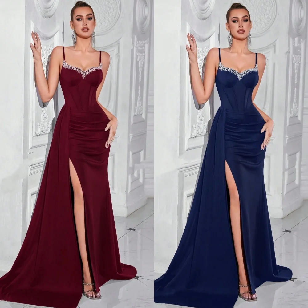 

Customized Exquisite Fashion Jersey Rhinestone Pleat Mermaid Spaghetti strap Long Dresses Bespoke Occasion Dresses Modern Style
