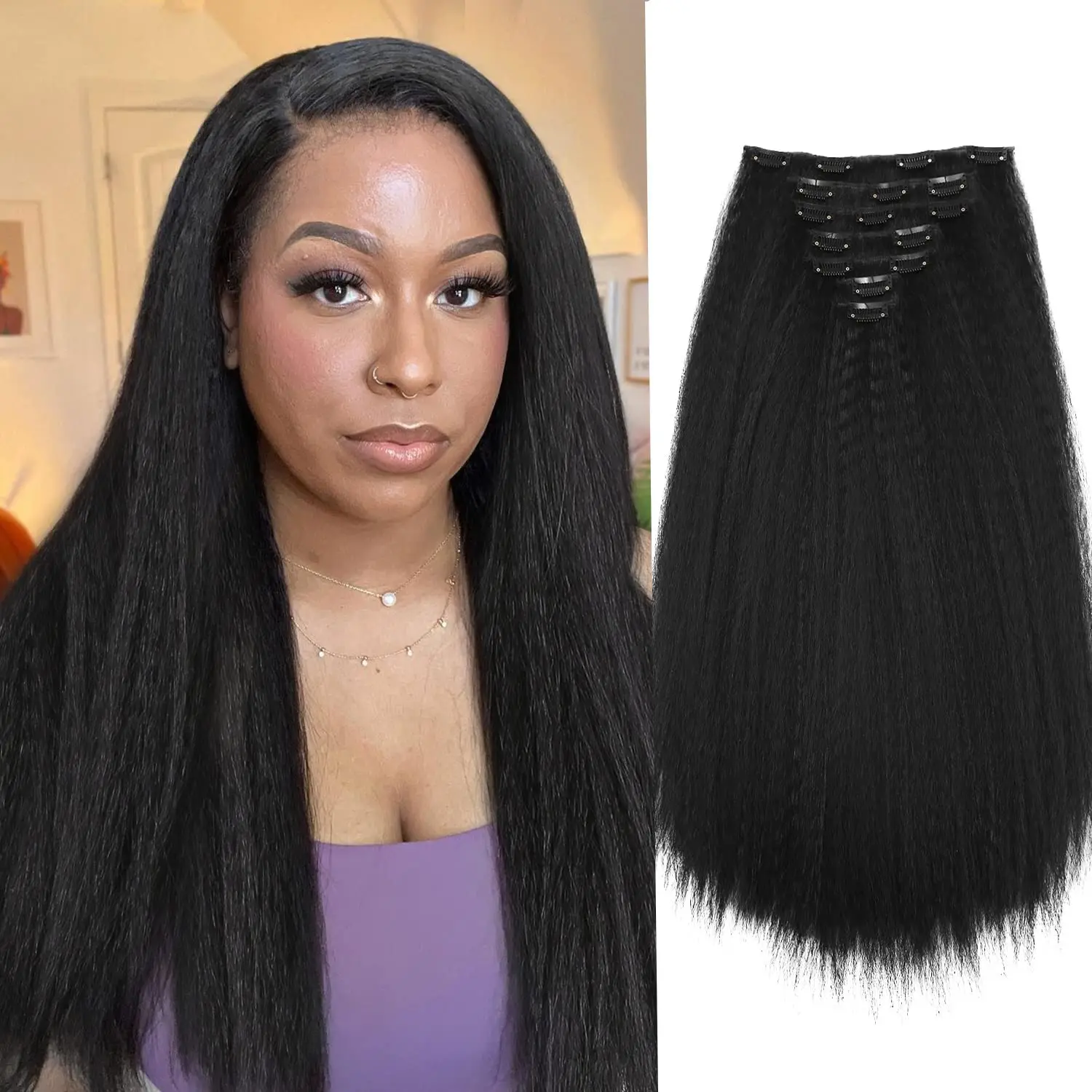 Peruki syntetyczne 12–26 cali 7 sztuk Yaki Kinky Straight Clip In Hair Extensions Black Hair For Black Women Lady Daily Party Use