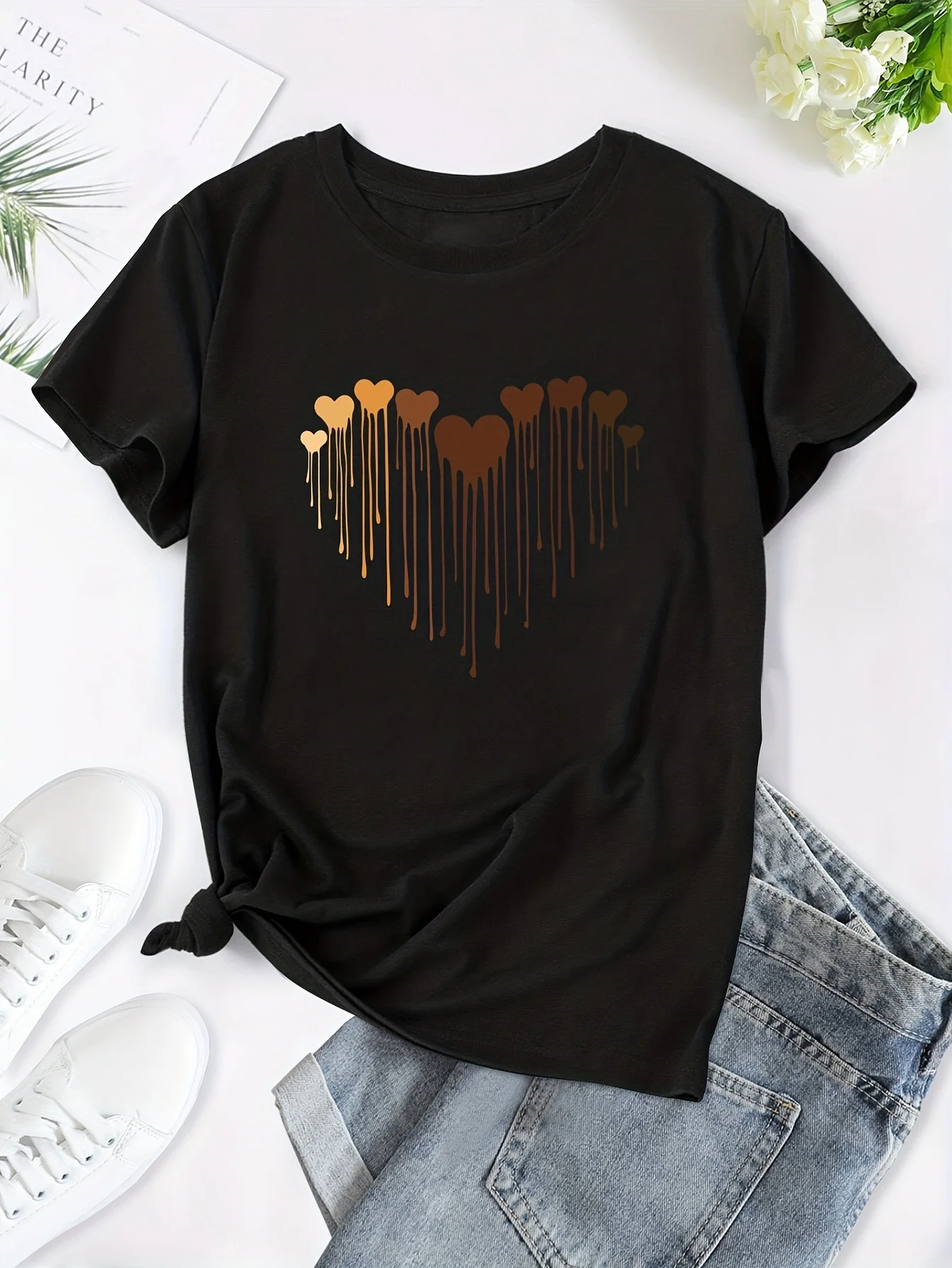 T-shirt décontracté pour femmes avec motif d'amour, décontracté, Chic, imprimé géométrique, col rond, manches courtes, Style urbain, haut imprimé Y2K