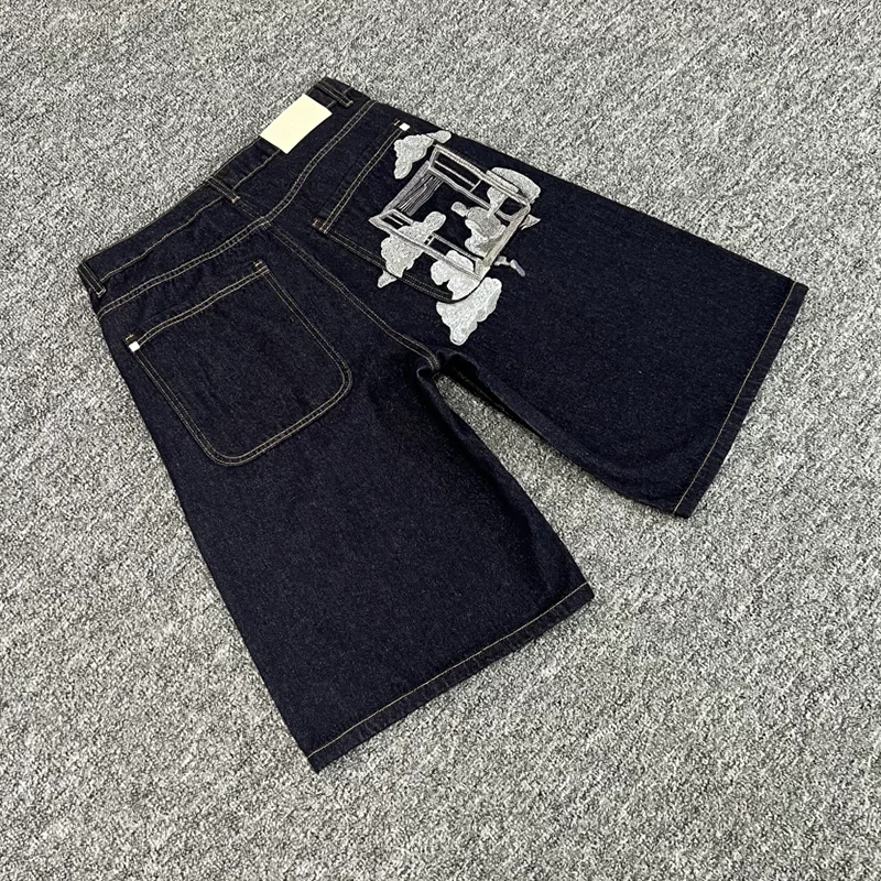 

Derschutze Jeans Air Raw Cloud Embroidery Pattern Denim Shorts Europe America Trend New Men's Street DERSCHUTZE Denim Shorts