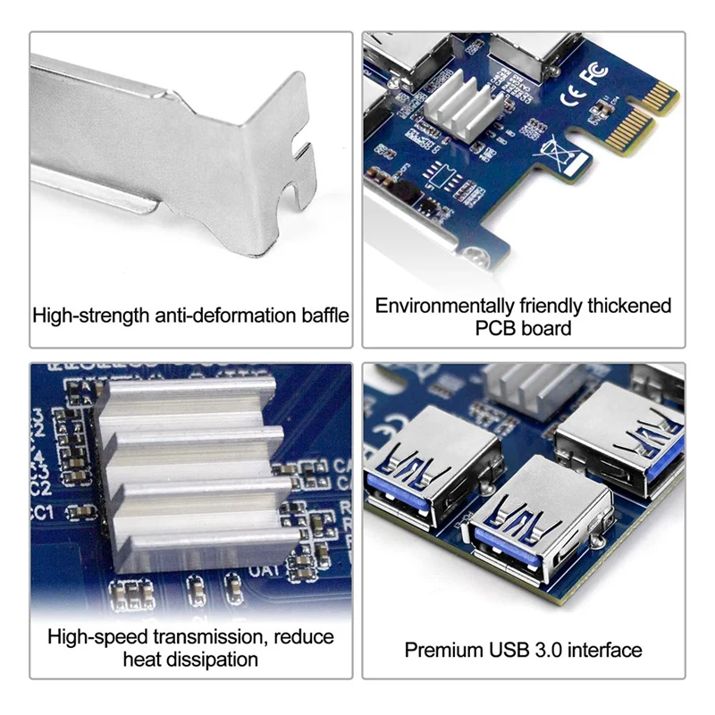 PCIE 1 إلى 4 محول بطاقة الناهض، 4 في 1 PCI-E Riser لوح مهايئ USB 3.0 محول مضاعف لمنجم BTC Bitcoin