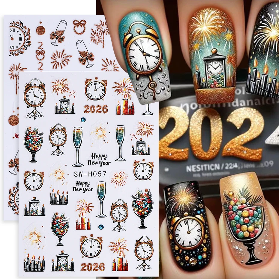 2pcs Christmas Nail Stickers Glitter Gold Fireworks Champagne 2026 Clock Design Bow New Year Nail Sliders Decals Manicure Decor