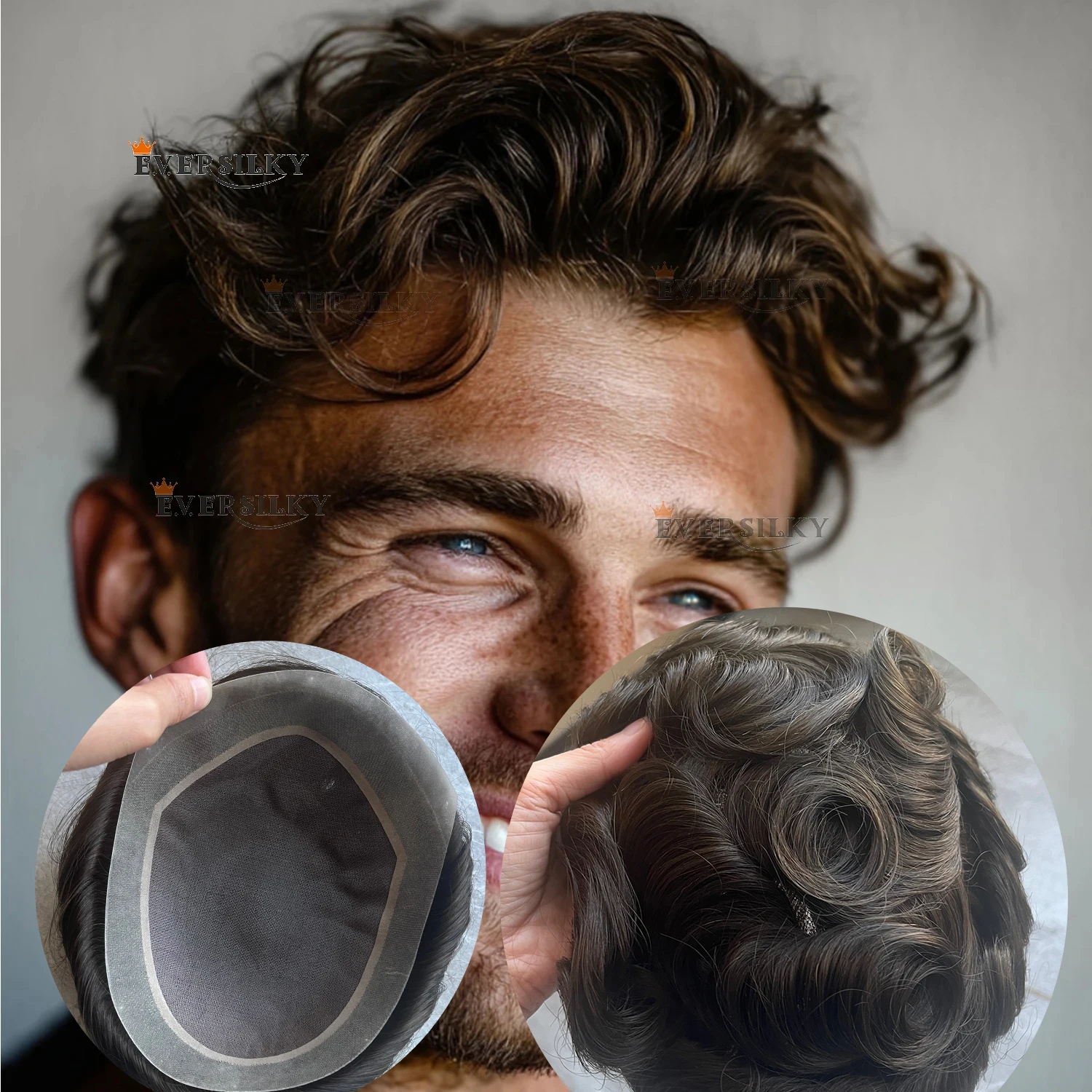 

Мужской парик-накладка из натуральных европейских волос, 30 мм, волнистый, прочный, мелкоячеистый моно-сетчатый, светло-коричневый блонд, незаметный, из полиуретана, протез для волос