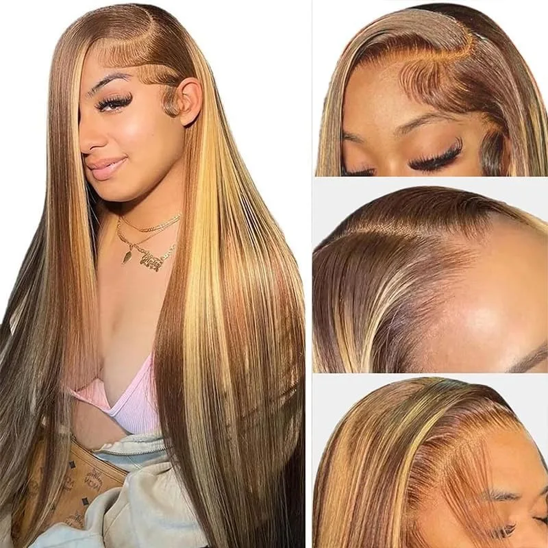 13x4 HD Transparent Lace Front Wigs Human Hair Wig 22 44 Inch 4/27 Highlight Straight Lace Frontal Wigs Pre Plucked 220% Density