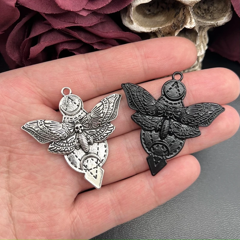 4pcs 49*48mm Antique Silver Color Dead Head Skull Moth Moon Charms Pendant Fit Jewelry Making DIY Jewelry Findings