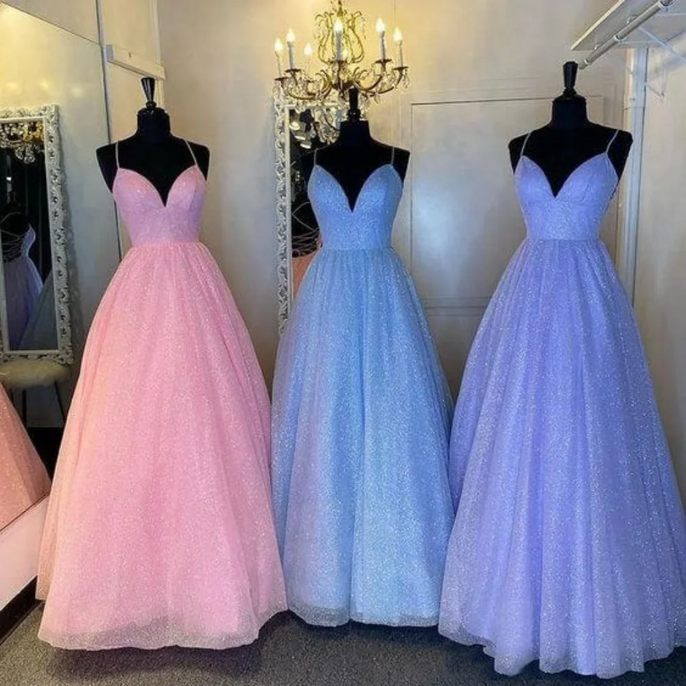 

Romantic Prom Gowns Spaghetti Straps A Line Shiny Homecoming Dress Lace Up Floor Length Party Dresses New Arrival فساتين سهرة