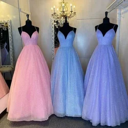 Romantic Prom Gowns Spaghetti Straps A Line Shiny Homecoming Dress Lace Up Floor Length Party Dresses New Arrival فساتين سهرة