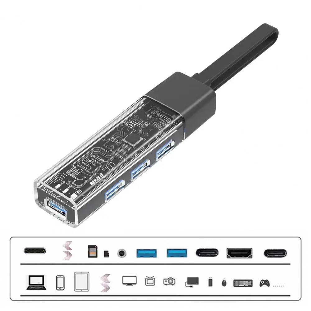 Hub Adapter Compact Dual-head Usb-c Hub Docking Station with Transparent Shell Design 4 Ports Extender for Computer Accessories