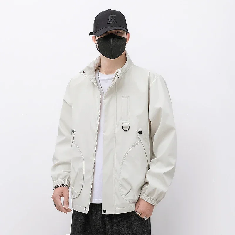 Men's Jacket Spring and Autumn Solid Color  Large  Pocket 3D Cut Stand Up Collar Outdoor Travel and Hiking Coat Men's Clothing