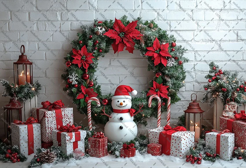 Mehofond التصوير خلفية عيد الميلاد الأبيض الطوب جدار ثلج شجرة عيد الميلاد الاطفال الأسرة صورة ديكور خلفية استوديو الصور