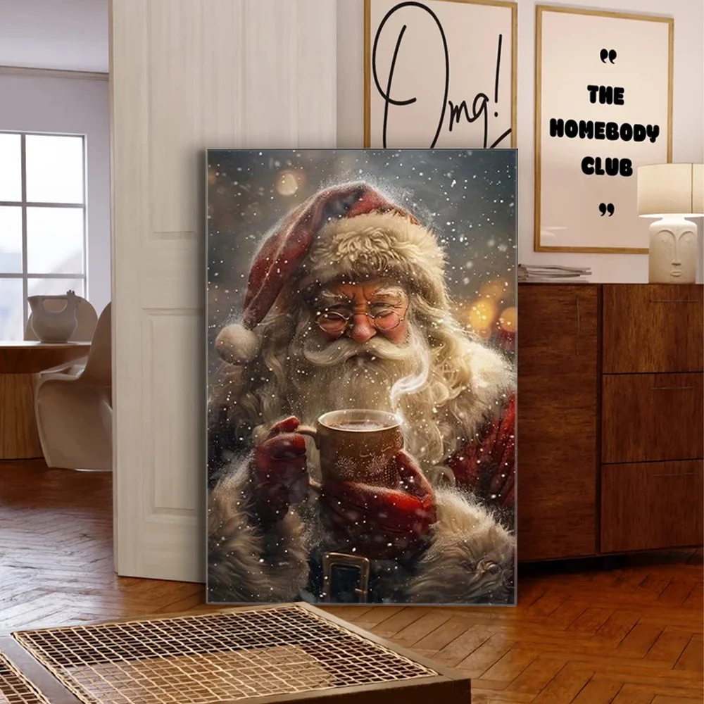 1개 포장된 나무 프레임 포스터(클래식 크리스마스 캔버스 프린트, 눈 속에서 커피를 마시는 산타, 세로 직사각형)