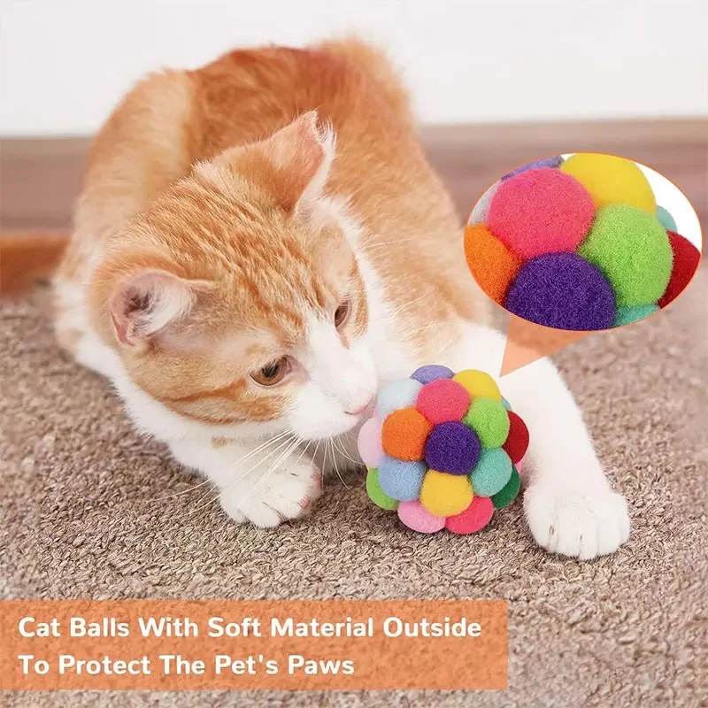 Cat Toy Balls with Bell Colorful Soft Fuzzy Balls for Cats Interactive Playing Chewing Toys for Indoor Cats and Kittens