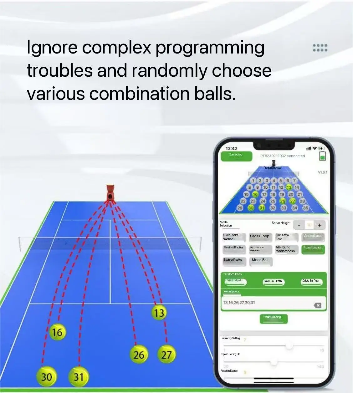 Máquina inteligente de servir tênis pt9001, multifuncional, recursos, mais de 150 bolas, capacidade, controle de direção de serviço integrado
