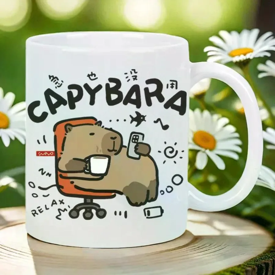 

11oz Capybara Ceramic Coffee Mug with Whimsical Graffiti Design Insulated Travel Cup Relaxing Chair Illustration