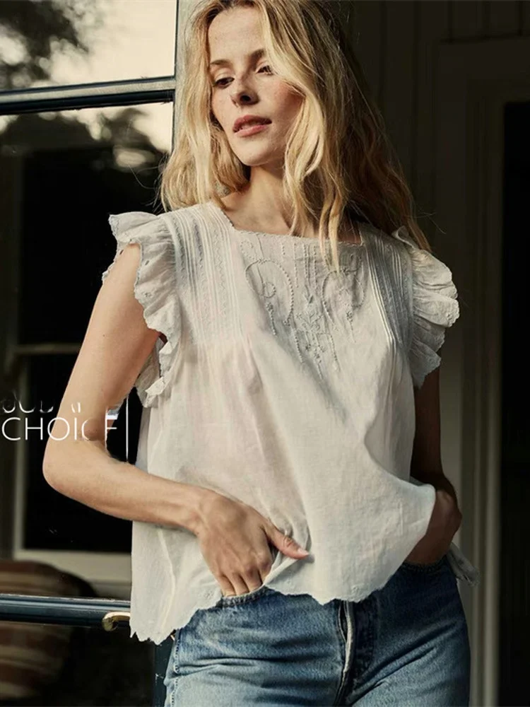 Susan Do Pure Cotton ort Sve Orlo de encaje bordado Fly Sve irt Top versátil azul claro para mujer Corte recto Summe...