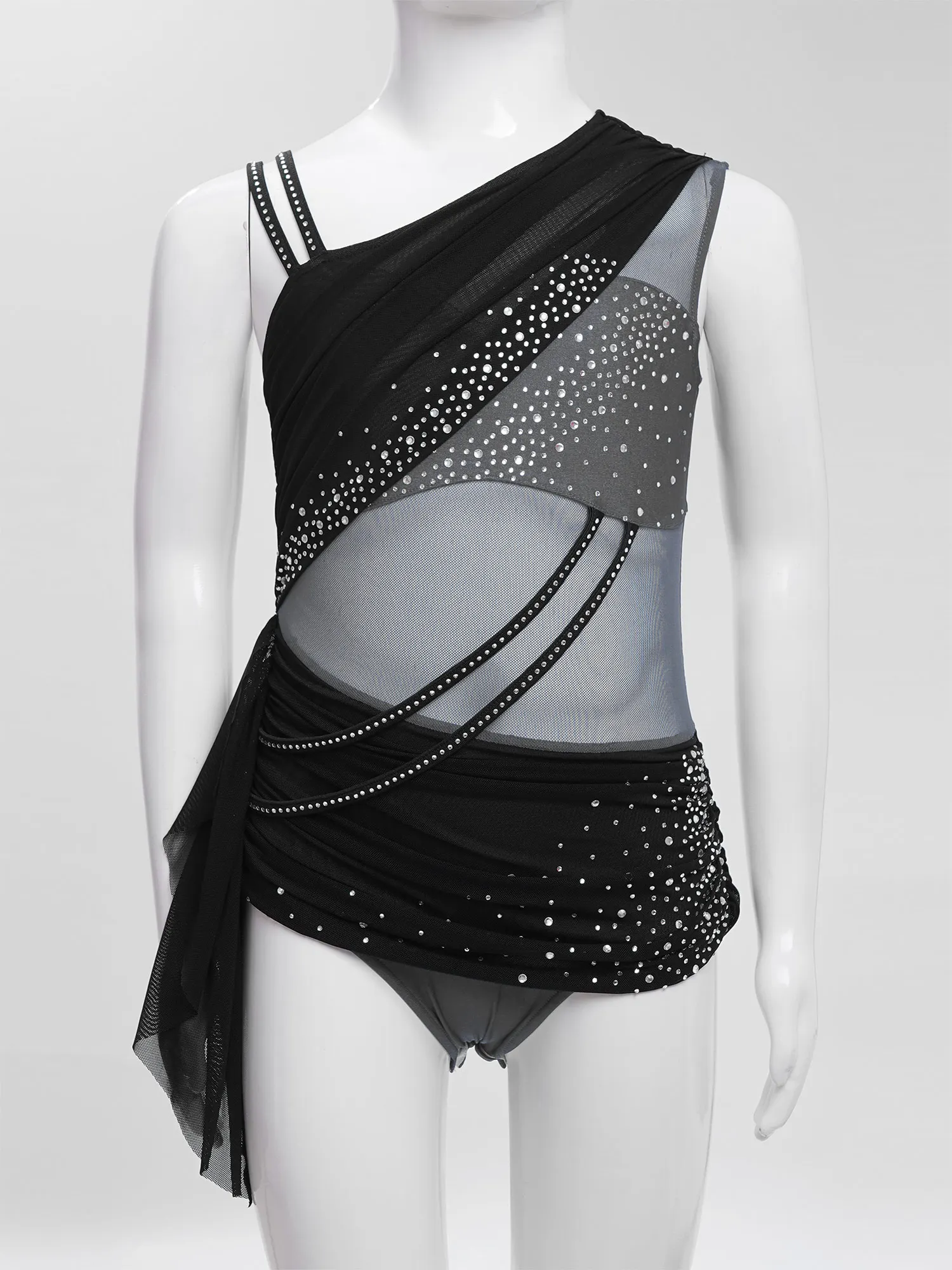 Girls Figure Skating Gymnastics Bodysuit Shiny Rhinestone Sheer Mesh Modern Lyrical Dance Leotard Dress for Stage Performance