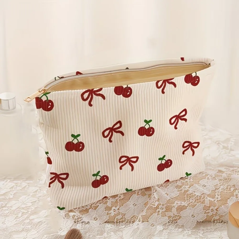 Pink Bow Corduroy Makeup Bag Corduroy Zipper Makeup Organizer Multifunctional Printed Corduroy Cosmetic Pouch For Women