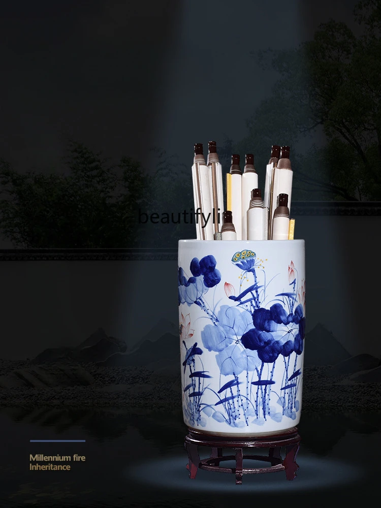 Hand-Painted Vase Jingdezhen Ceramic Flower Arrangement Decoration Study Floor Painting and Calligraphy Cylinder Decoration