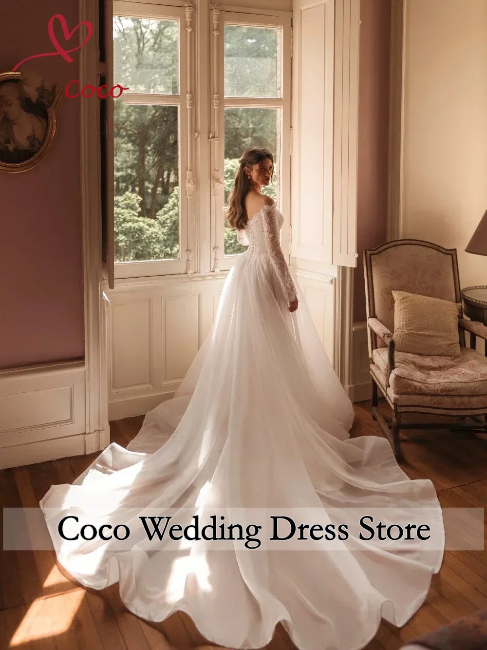 Graceful A Line Wedding Dresses For Women Off The Shoulder Long Lace Sleeves Bridal Gowns Vestidos De Novias Customized