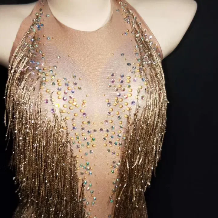 Gold Shining Rhinestones Halter Backless เซ็กซี่ Bodysuits สําหรับผู้หญิงไนท์คลับแจ๊สเต้นรําเวทีลาก Queen เครื่องแต่งกาย