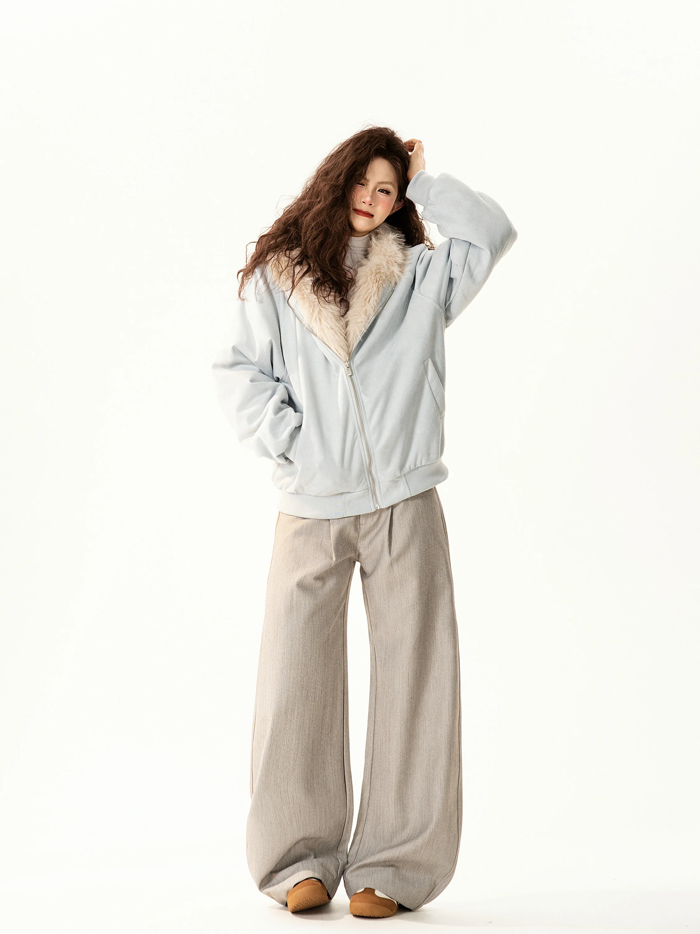 

Retro Design Collar Ear Hooded Cotton Jaet Women's Winter New Loose Versatile Cotton Coat Outerwear Long Sve Zipper Closure