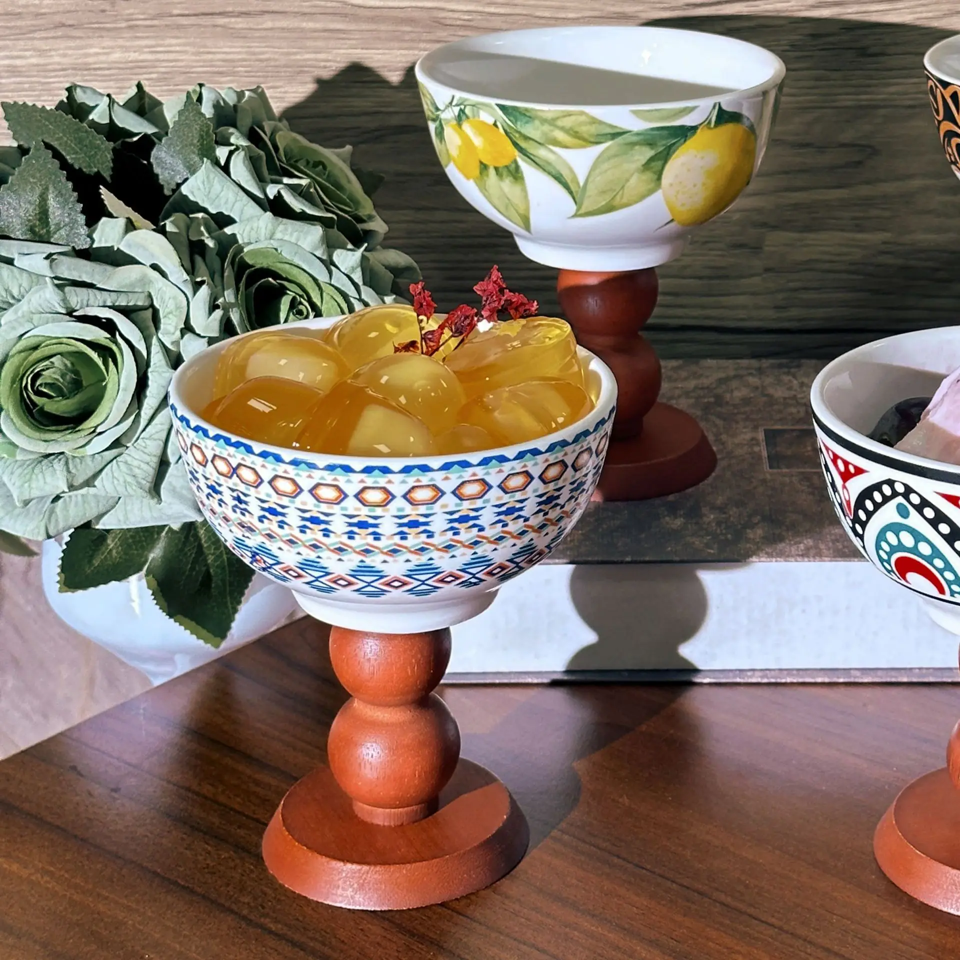 

HYS Fresh Retro Ceramic Home Dessert Pudding Wood Ceramic Tall Bowl Goblet