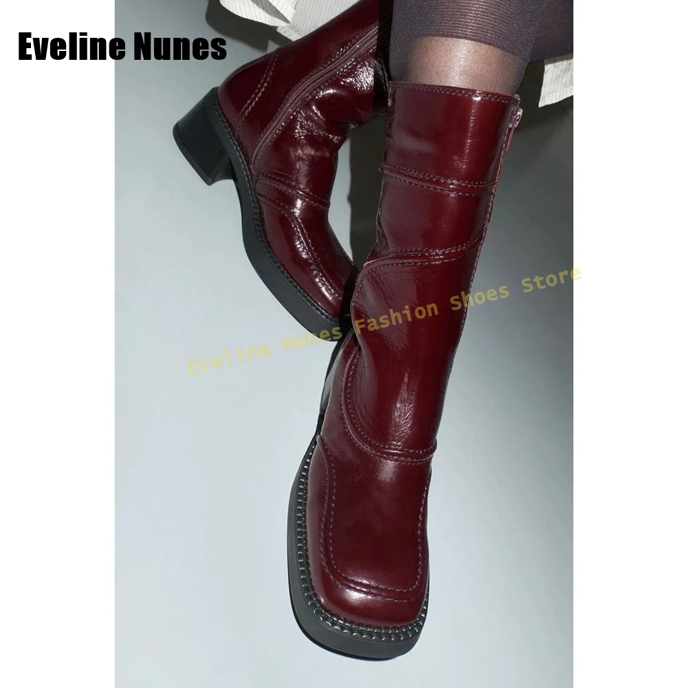 สีน้ําเงินเข้มสแควร์ Toe แฟชั่นรองเท้า Patchwork ซิปด้านข้าง Chunky Heel ผู้หญิงเพรียวบางโมเดิร์นกลางลูกวัวรองเท้า Retro 2025 ฤดูใบไม้ร่วงรองเท้า