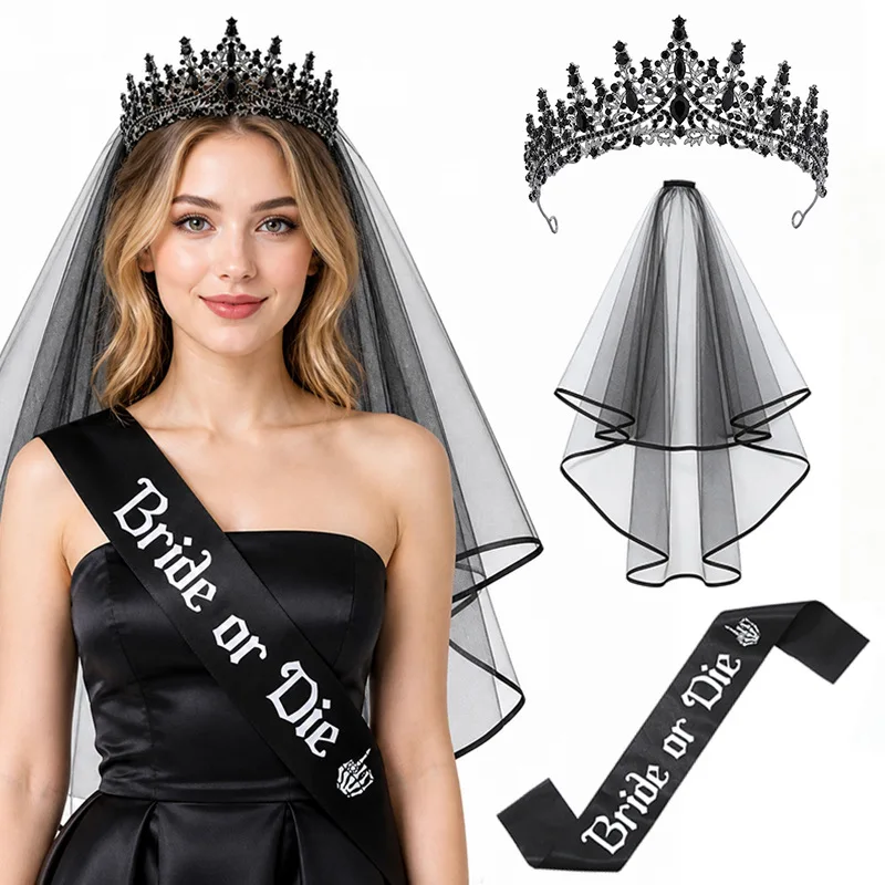 Bride or Die Black Crown Veil Shoulder Strap Set Hair Accessory for Party Wedding Decoration Women Girls