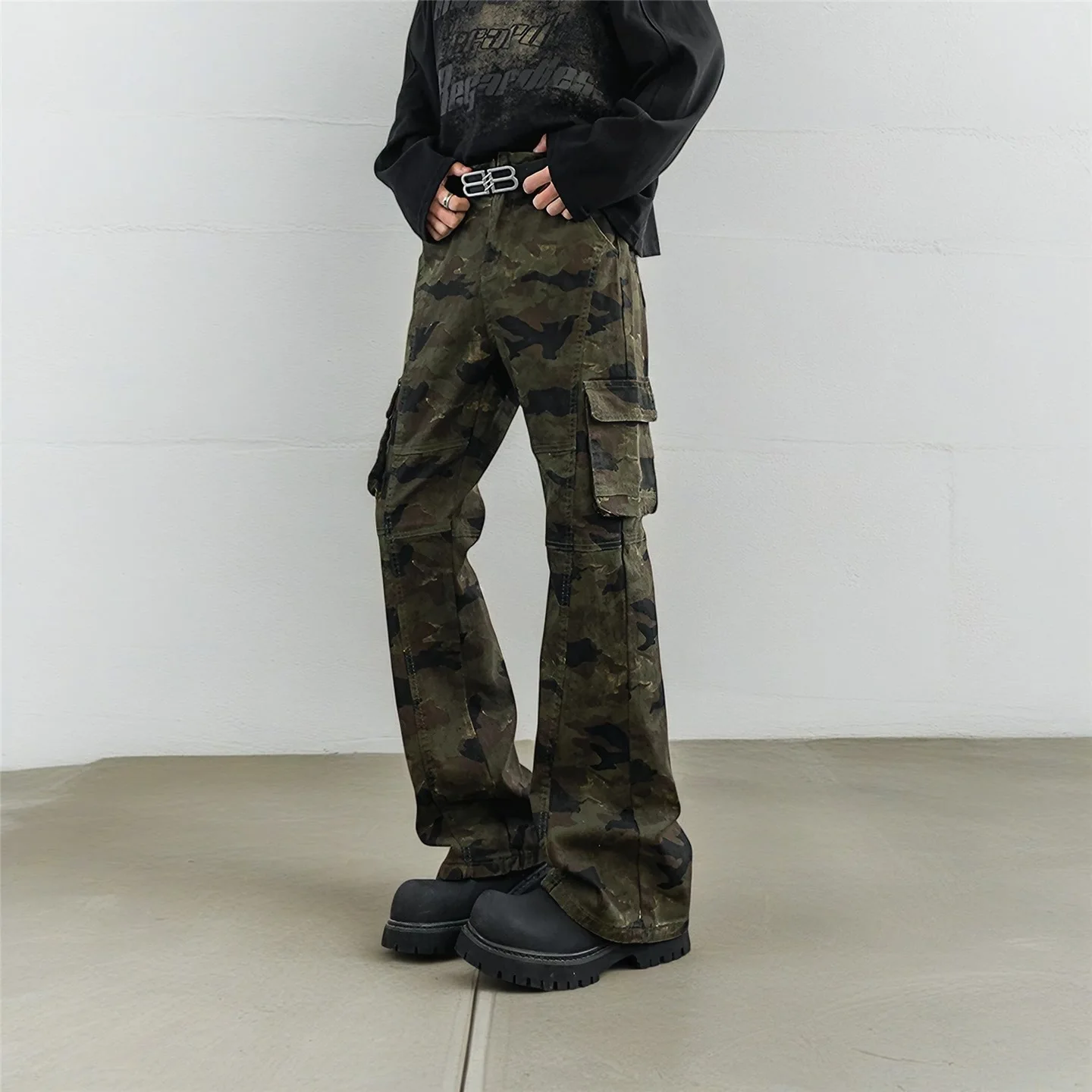 Summer Vintage Camo Multi-Pocket Cargo Jeans Men's Straight Slim Flare Denim Trousers