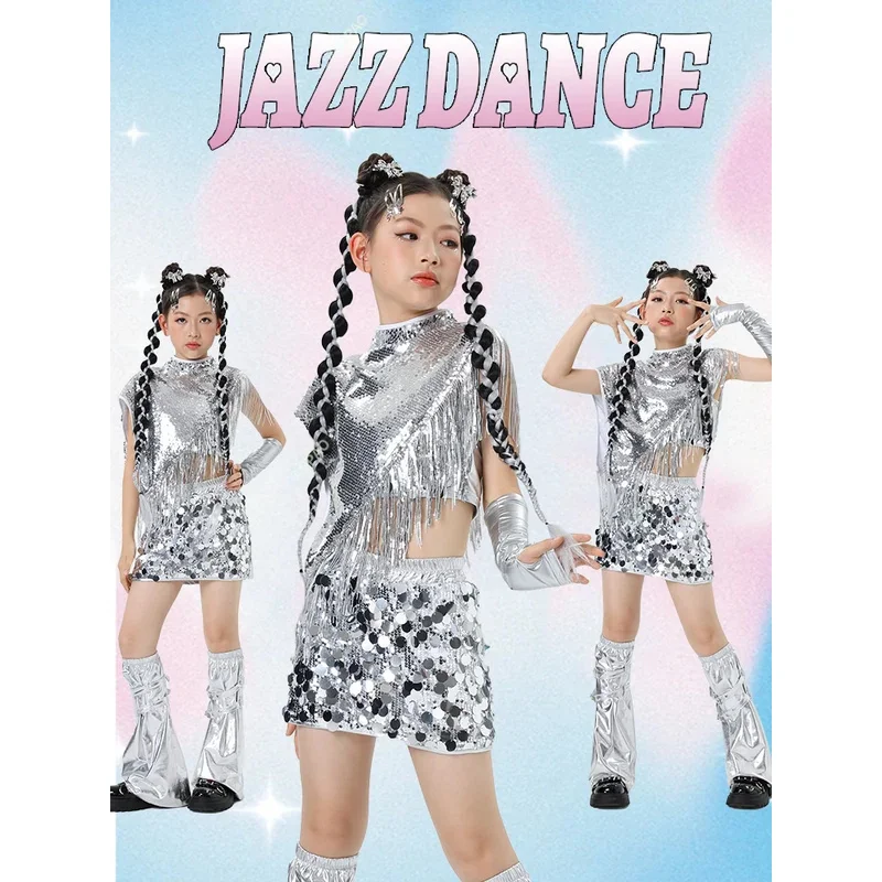 Детский джазовый костюм с серебряными блестками для танцев для девочек, сценический костюм в стиле хип-хоп для подиума, детский костюм
